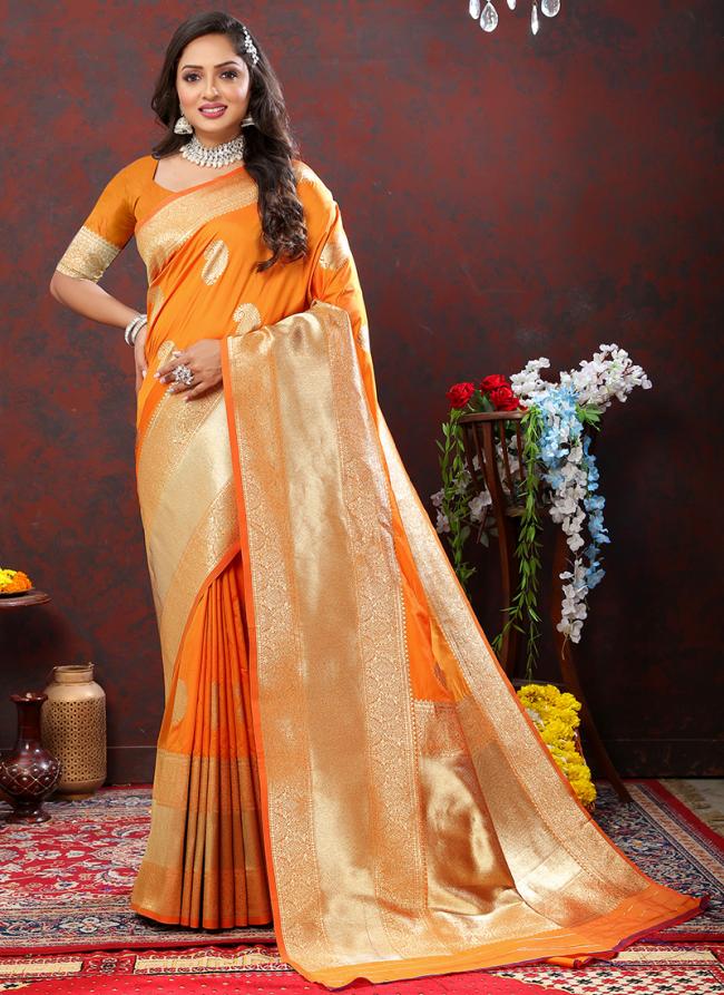 Soft Silk Orange Traditional Wear Weaving Saree